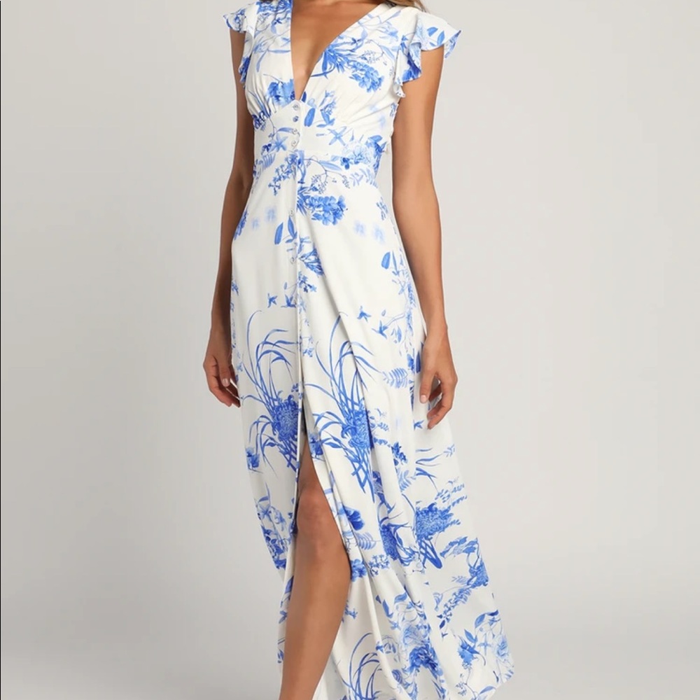 Lulus White and Blue Botanical Bliss Floral Maxi Dress